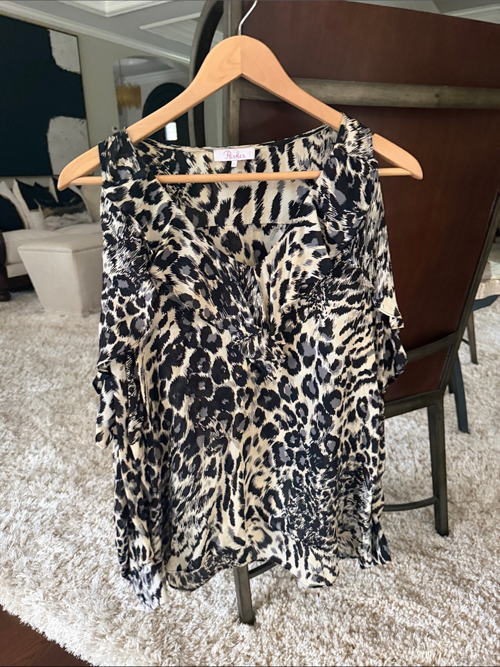 Parker Black and Cream Leopard Cold-Shoulder Blouse